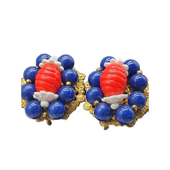 Miriam Haskell Patriotic Bead Cluster Clip On Earrings Rare Vintage Signed Pat # - Picture 7 of 12